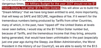 Trump calls for U.S. military budget increase to $1.5 trillion for 2027