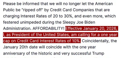 Trump proposes 10% cap on credit card interest rates starting January 20, 2026