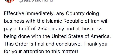 Trump announces 25% tariff on countries doing business with Iran