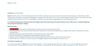 U.S. Virtual Embassy Iran advises: 'Leave Iran now'