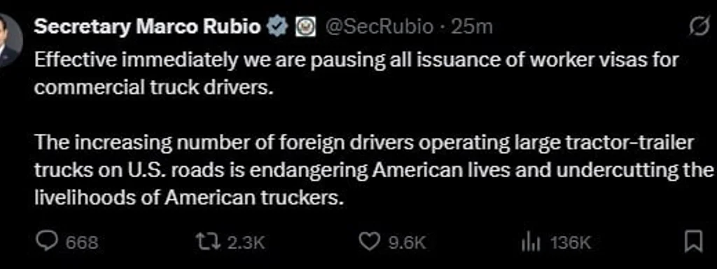 Breaking: U.S. Suspends Work Visas for Foreign Truck Drivers Amid Safety Concerns