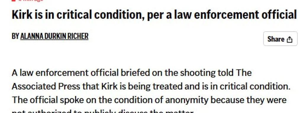 Featured image for: Charlie Kirk in Critical Condition After Utah Incident, Reports Say Charlie Kirk in Critical Condition After Utah Incident, Reports Say