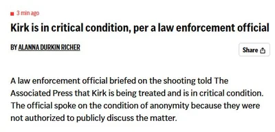 Charlie Kirk in Critical Condition After Utah Incident, Reports Say