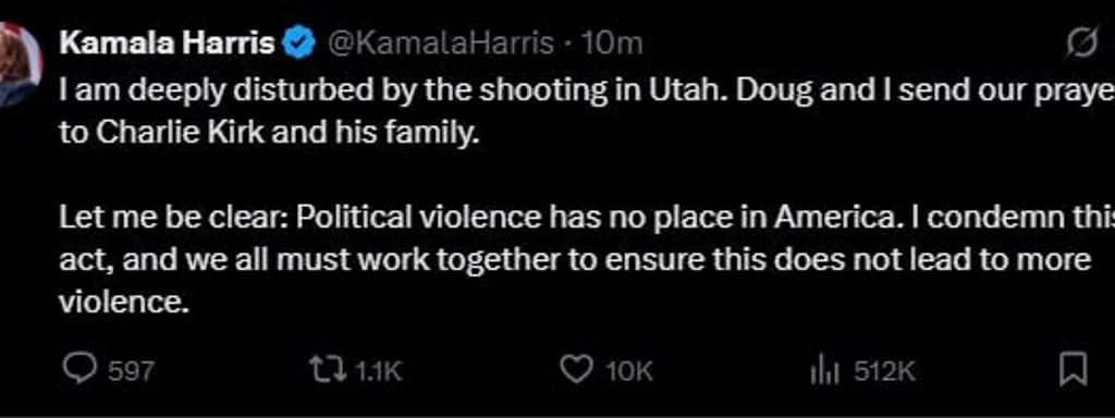 Featured image for: Kamala Harris Condemns Utah Shooting, Calls for Unity Against Violence Kamala Harris Condemns Utah Shooting, Calls for Unity Against Violence
