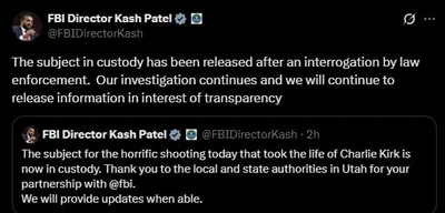 FBI Releases Suspect After Questioning in Charlie Kirk Murder Case