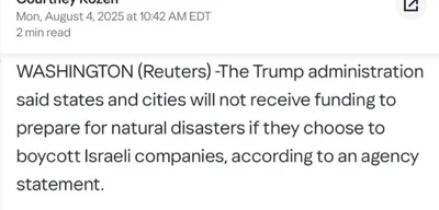 Trump Administration Ties FEMA Disaster Funds to Boycott of Israeli Companies