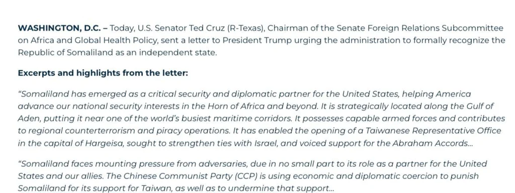 Sen. Cruz Pressures Trump to Recognize Somaliland as Key Ally Against Terrorism