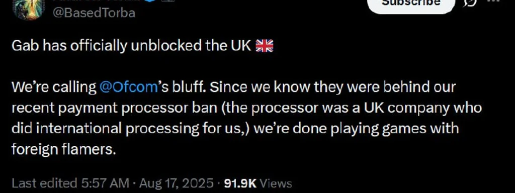 Gab.com Defies UK Censorship: Launches Own Payment System to Bypass OFCOM's Ban