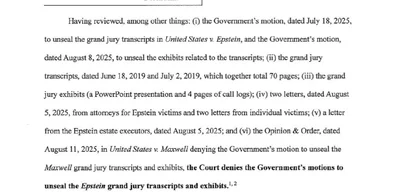 Breaking: Judge Berman Rejects Grand Jury Transcript Unsealing in Epstein Case