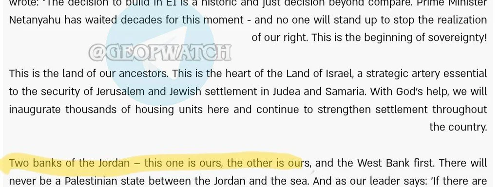 Breaking: Israel Minister Claims Jordan Belongs to Israel, Urges West Bank Takeover