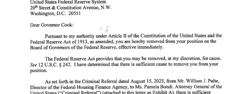 Trump Fires Fed Governor Cook; Legal Battle Looms Over Authority