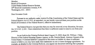 Trump Fires Fed Governor Cook; Legal Battle Looms Over Authority