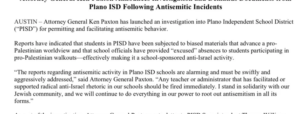 Texas AG Paxton Demands Action Against Antisemitism in Schools