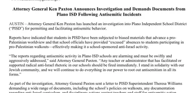Texas AG Paxton Demands Action Against Antisemitism in Schools