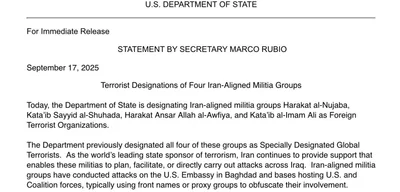 U.S. designates four Iranian-backed paramilitary groups as terrorist organizations