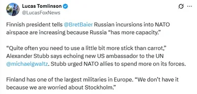 Finnish President Stubb: Russian incursions into NATO airspace increasing