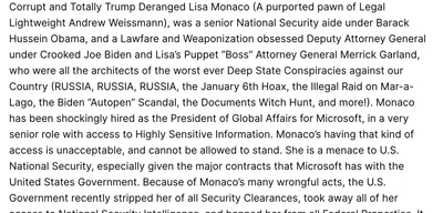 Trump criticizes Microsoft’s Lisa Monaco, calls for her firing