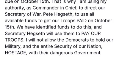 Trump orders Secretary of War to ensure service members are paid on October 15