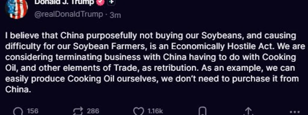Trump accuses China of 'economically hostile act' for not buying US soybeans