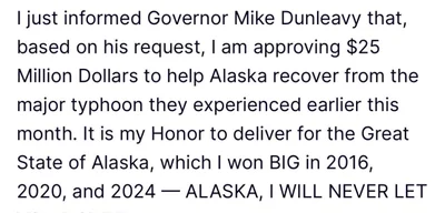Donald Trump allocates $25 million to Alaska for Halong Typhoon repairs