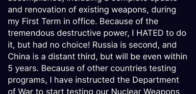Trump instructs Department of War to begin nuclear weapons testing