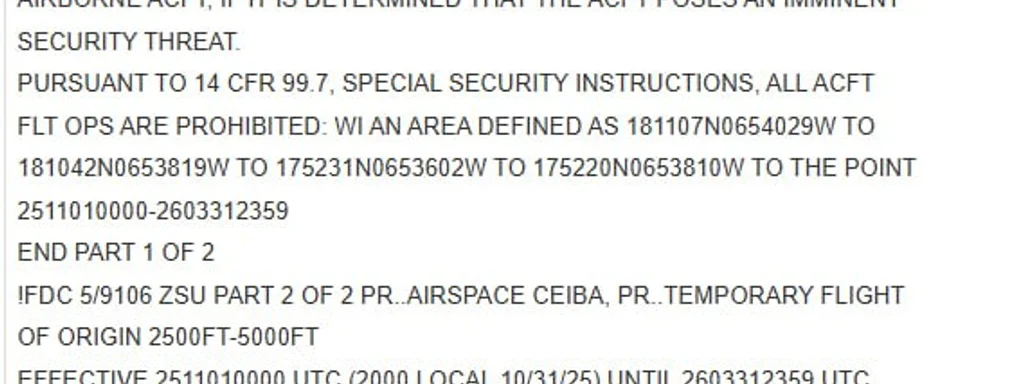 Featured image for: United States issues NOTAM for Puerto Rico airbases from October 31, 2025 to March 31, 2026 United States issues NOTAM for Puerto Rico airbases from October 31, 2025 to March 31, 2026