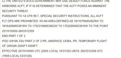 United States issues NOTAM for Puerto Rico airbases from October 31, 2025 to March 31, 2026