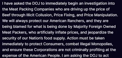 Trump orders DOJ to investigate meat packing companies over beef prices