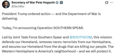 Secretary of War Pete Hegseth announces Operation SOUTHERN SPEAR