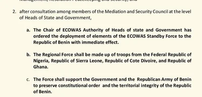 ECOWAS Standby Force deploying to Benin to support government forces