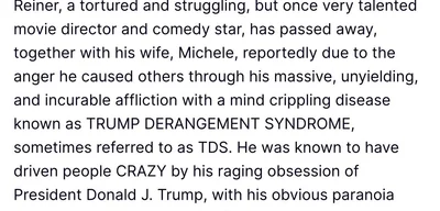 Trump claims Rob Reiner died from 'Trump Derangement Syndrome'