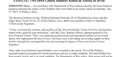 Iowa National Guard names two Soldiers killed in Syria attack