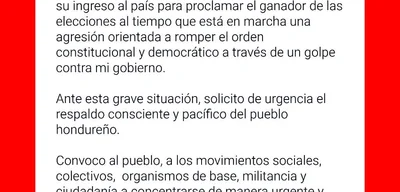 Xiomara Castro calls for peaceful protests in Tegucigalpa against coup attempt