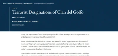 U.S. designates Clan del Golfo as Foreign Terrorist Organization