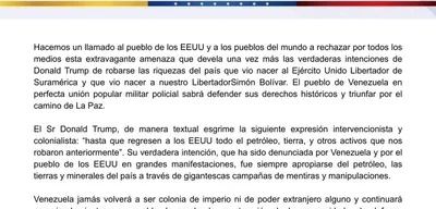 Maduro regime defends rights to trade and sovereignty against Trump