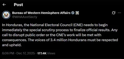 US State Department urges Honduras to finalize electoral results immediately