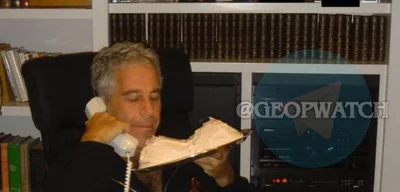 Jeffrey Epstein seen eating a boob cake with the Talmud behind him