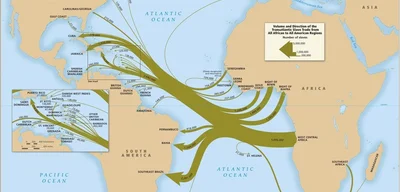 Map illustrates volume and direction of trans-Atlantic slave trade