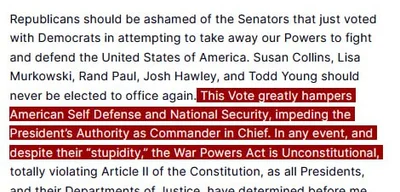 Trump calls Venezuela war powers resolution unconstitutional and harmful to national security
