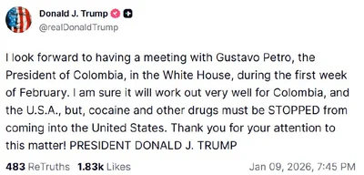 Trump to meet Colombia's President Gustavo Petro at White House in February