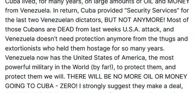 Trump declares no more oil or money for Cuba from Venezuela