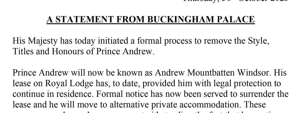Featured image for: Prince Andrew stripped of royal titles and removed from Windsor mansion Prince Andrew stripped of royal titles and removed from Windsor mansion