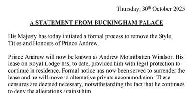 Prince Andrew stripped of royal titles and removed from Windsor mansion