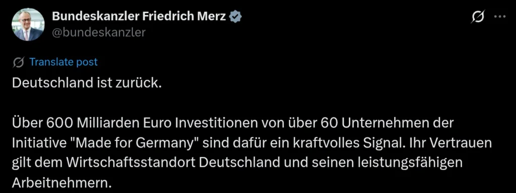 Germany Attracts €600 Billion Investment from 60+ Firms in Economic Revival Push