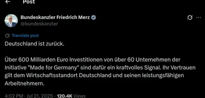 Germany Attracts €600 Billion Investment from 60+ Firms in Economic Revival Push