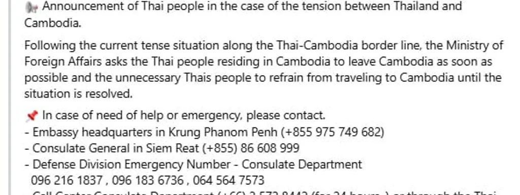 Thai Foreign Ministry Urges Citizens to Evacuate Cambodia Amid Border Tensions
