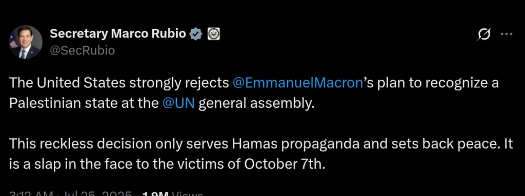 US Rejects Macron's Palestinian State Proposal, Calls it Harmful to Peace Efforts