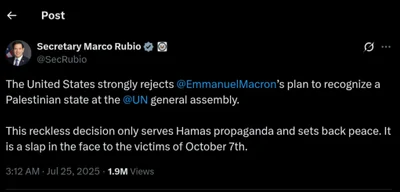 US Rejects Macron's Palestinian State Proposal, Calls it Harmful to Peace Efforts