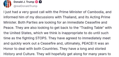 Trump Reports Positive Ceasefire Progress in Thailand-Cambodia Conflict Talks