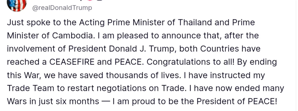 Trump Claims Credit for Cambodia-Thailand Ceasefire, Declares Himself 'President of PEACE'